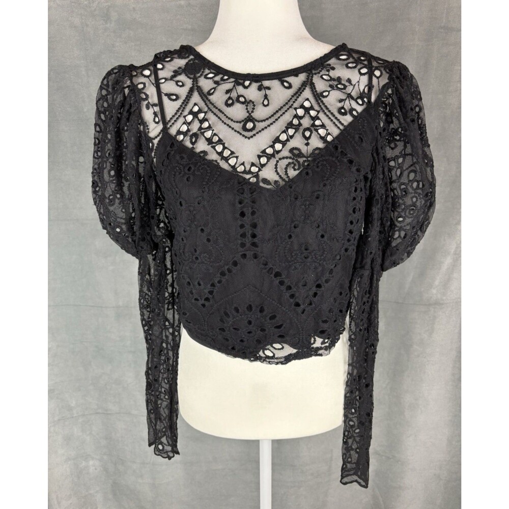 ZARA Sheer Lace Puff Sleeve Crop Top Size L Black Whimsigoth Romantic Coquette